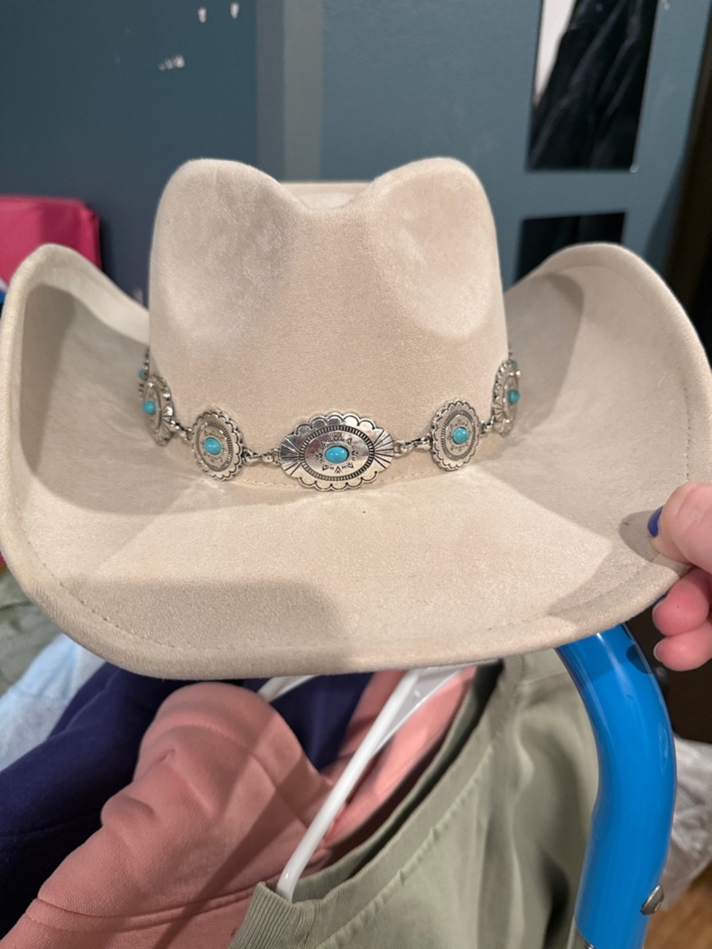 Beige Western Felt Cowboy Hat with Turquoise Concho Band